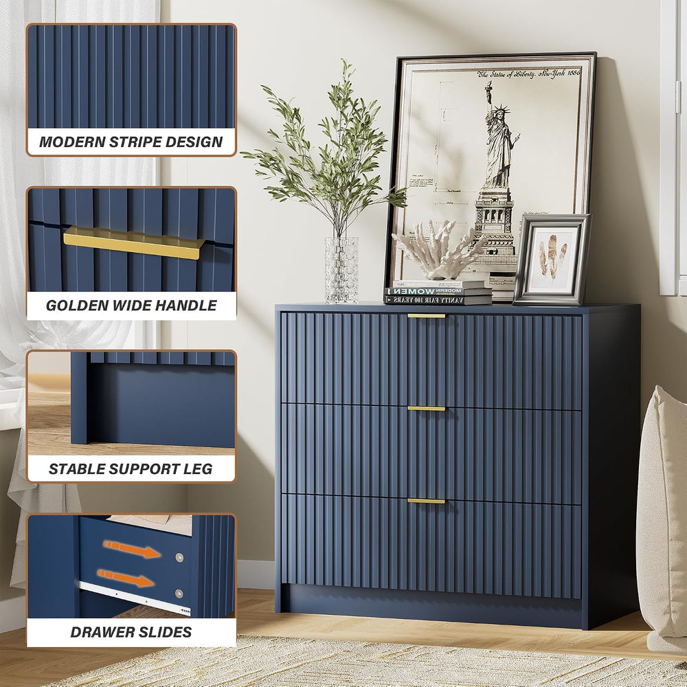 Fluted 3 Drawer Dresser for Bedroom, 31.5" Wide Chest of Drawers, Navy Blue