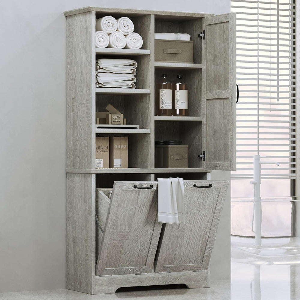 Merax Cabinet with Tilt-Out Laundry Hamper Basket, Tall Bathroom Storage Orga...