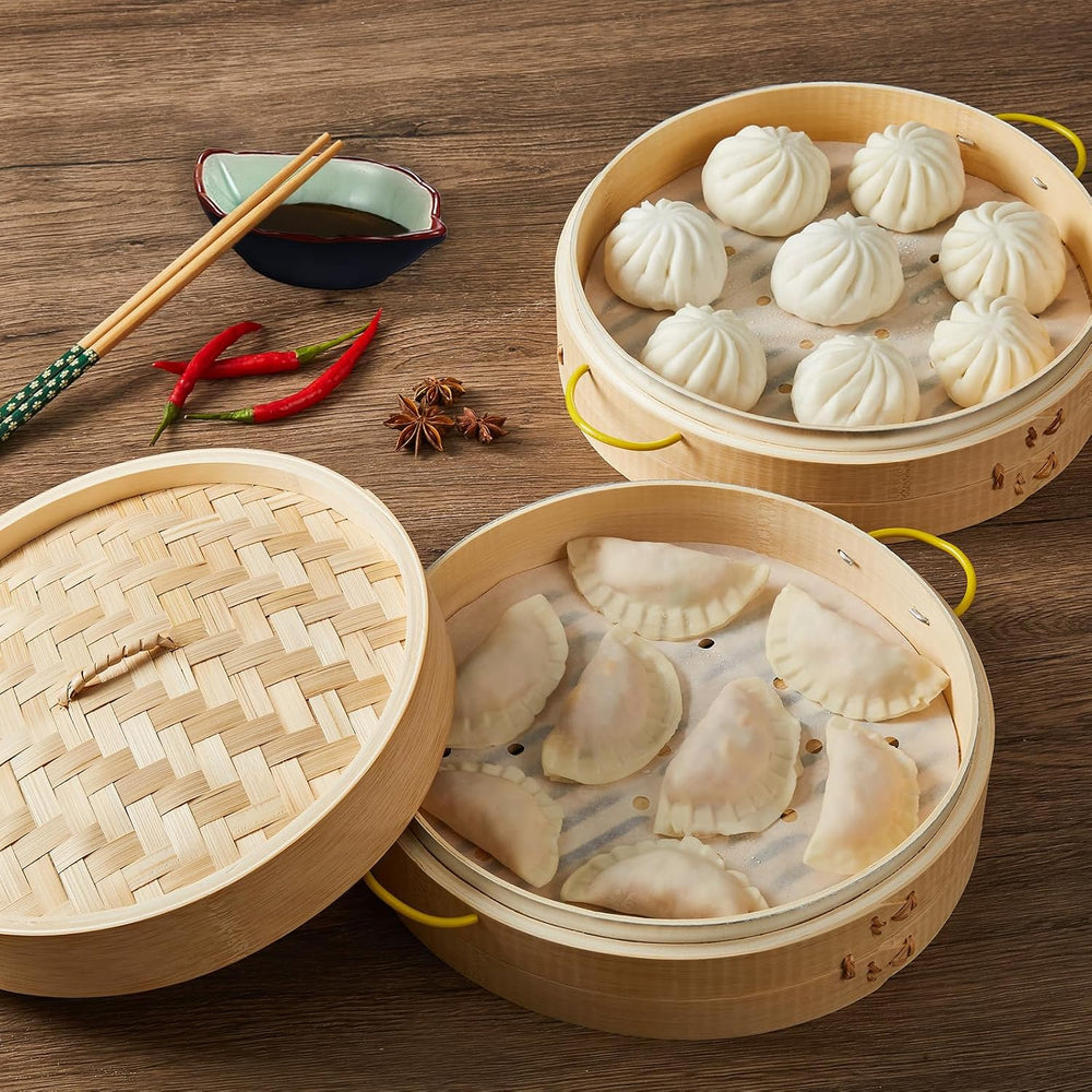MacaRio 10 Inch Bamboo Steamer Basket Dumpling Make Set with Ring Adapter