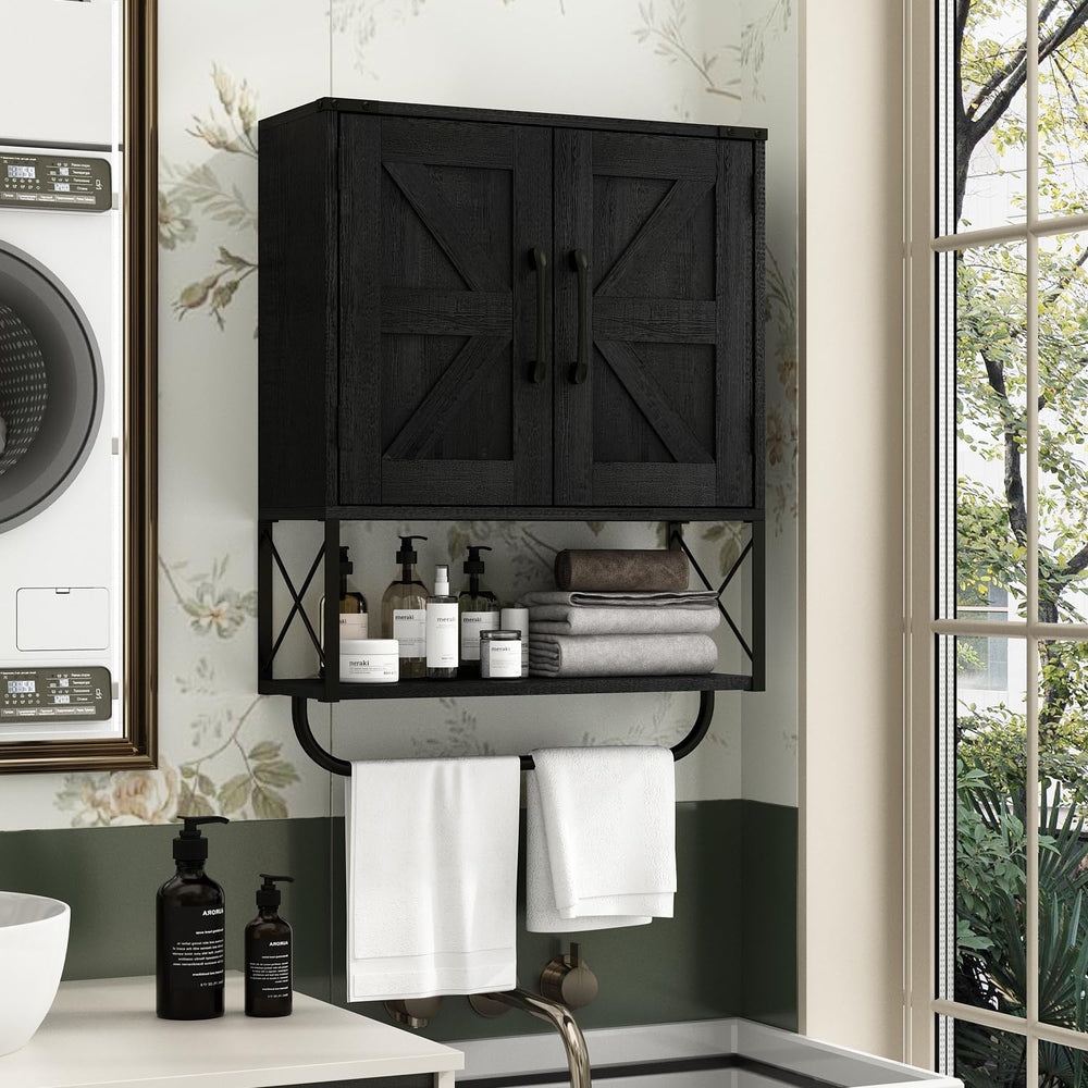 RUSTOWN Farmhouse Medicine Cabinet with 2 Barn Door & Towel Bar Rack