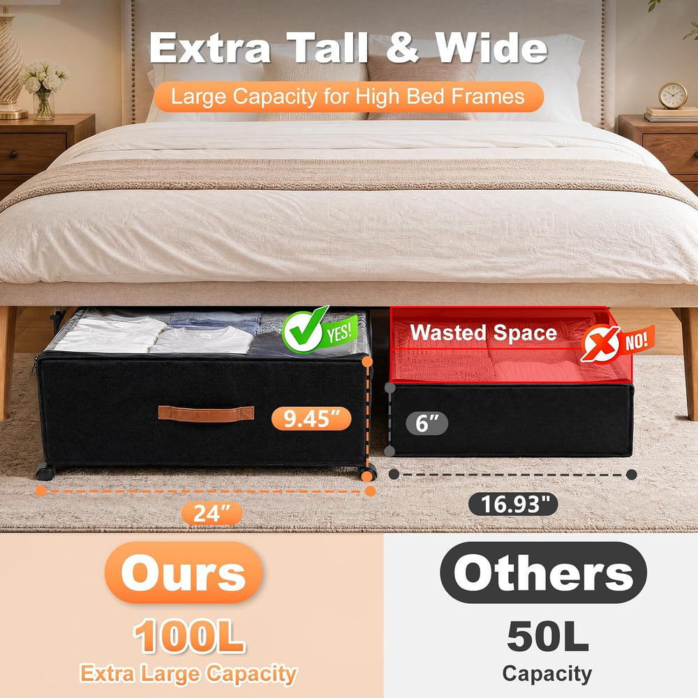 100L Extra Large Under Bed Storage with Wheels, 9.5" Extra Tall Storage Box