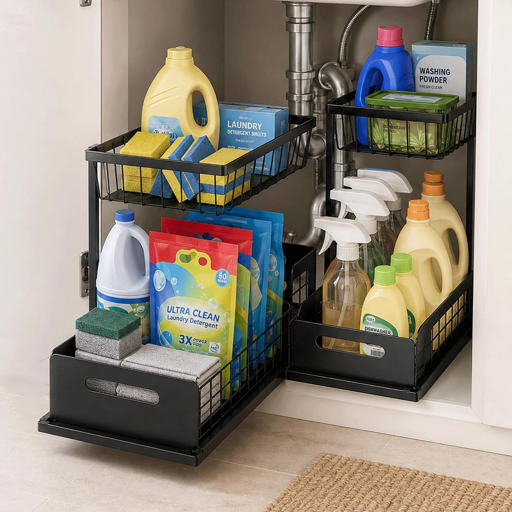 2-Tier Under Sink Organizer, Pull-Out Cabinet Storage Rack, Black, Adjustable...