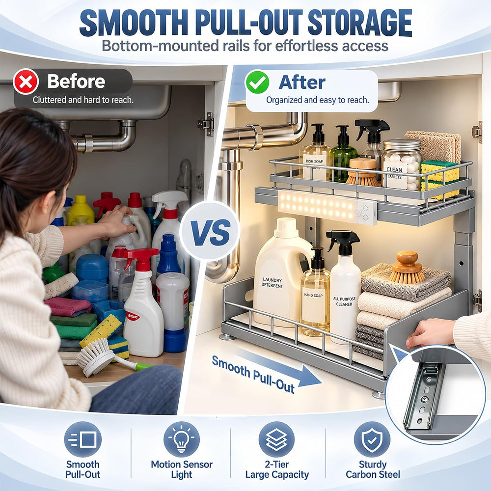 Under Sink Organizer with Motion Sensor LED, Pull-Out Home Organizers