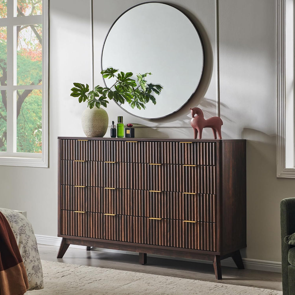 T4TREAM 54" Wide Fluted 9 Drawer Dresser for Bedroom, Dark Walnut