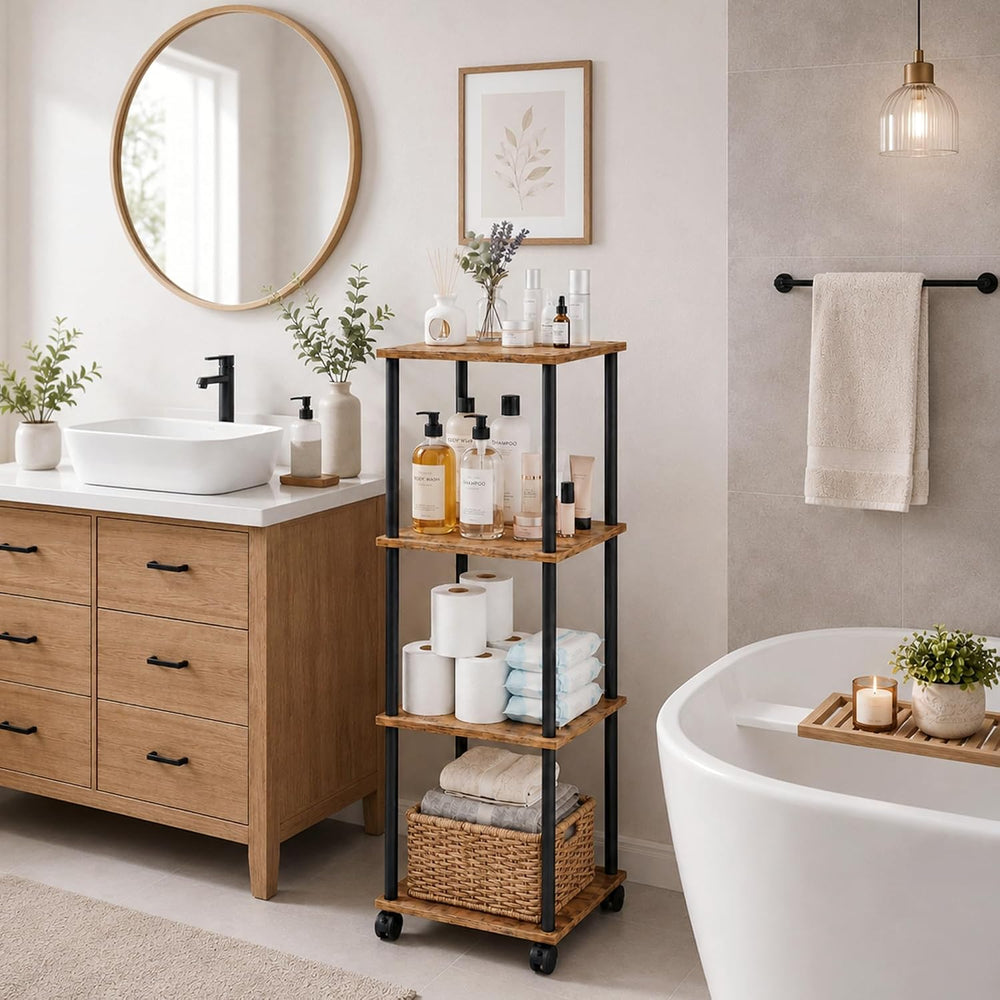 4-Tier 38.2" Tall Rustic Brown Bathroom Shelving Unit with Wheels