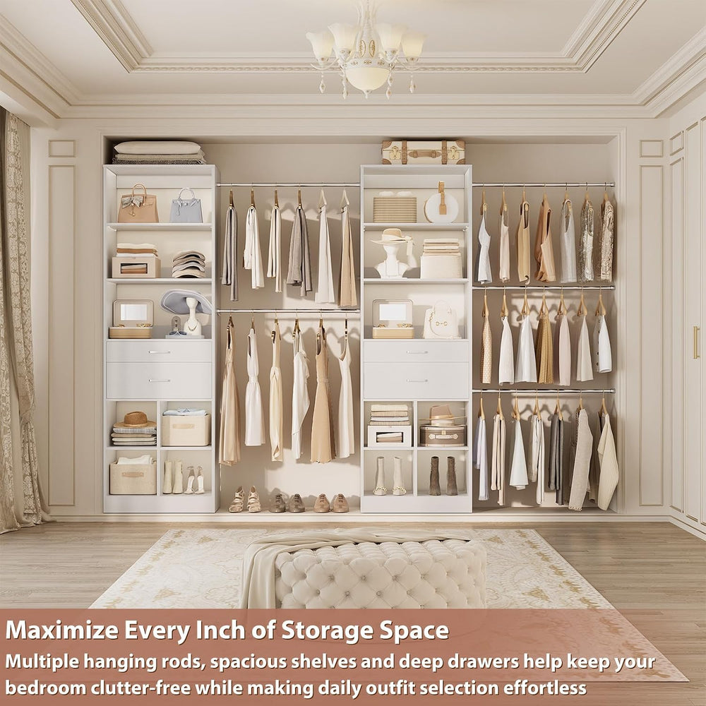 Besiost Closet System, 7.4ft-10ft with 4 Wooden Drawers and 5 Hanging Rods, C...