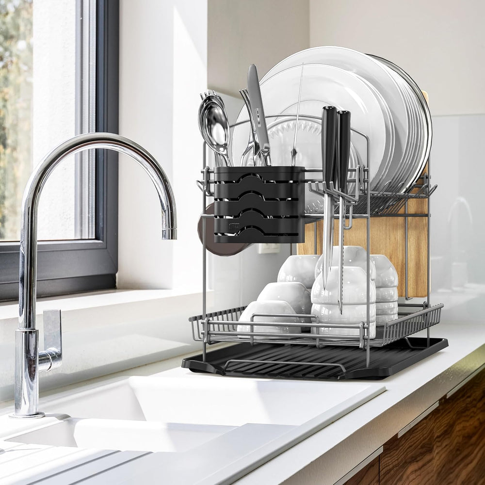 Simple Houseware 2-Tier Dish Rack with Drainboard, Silver