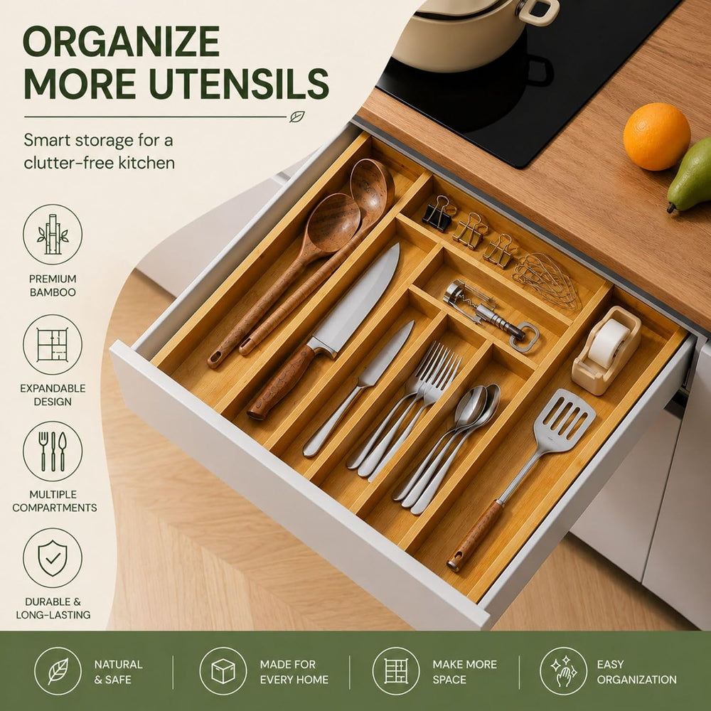 Bamboo Expandable Drawer Organizer for Utensils Holder, Adjustable Cutlery Tr...