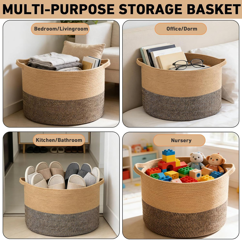 115L Extra Large Blanket Basket,Woven Laundry Basket-Jute&Black