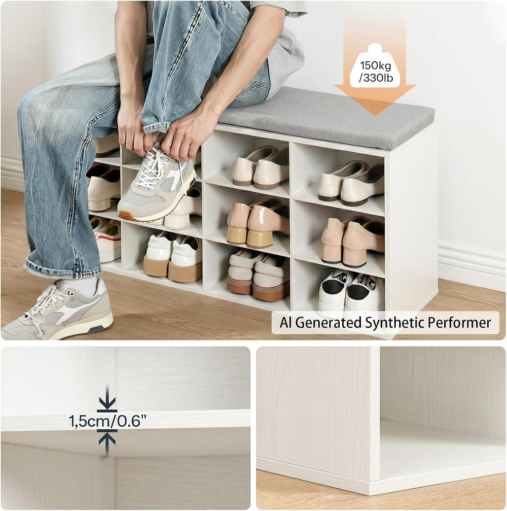 HOOBRO Shoe Storage Bench with Cushion, 39.4" L Entryway Bench with 12 C...
