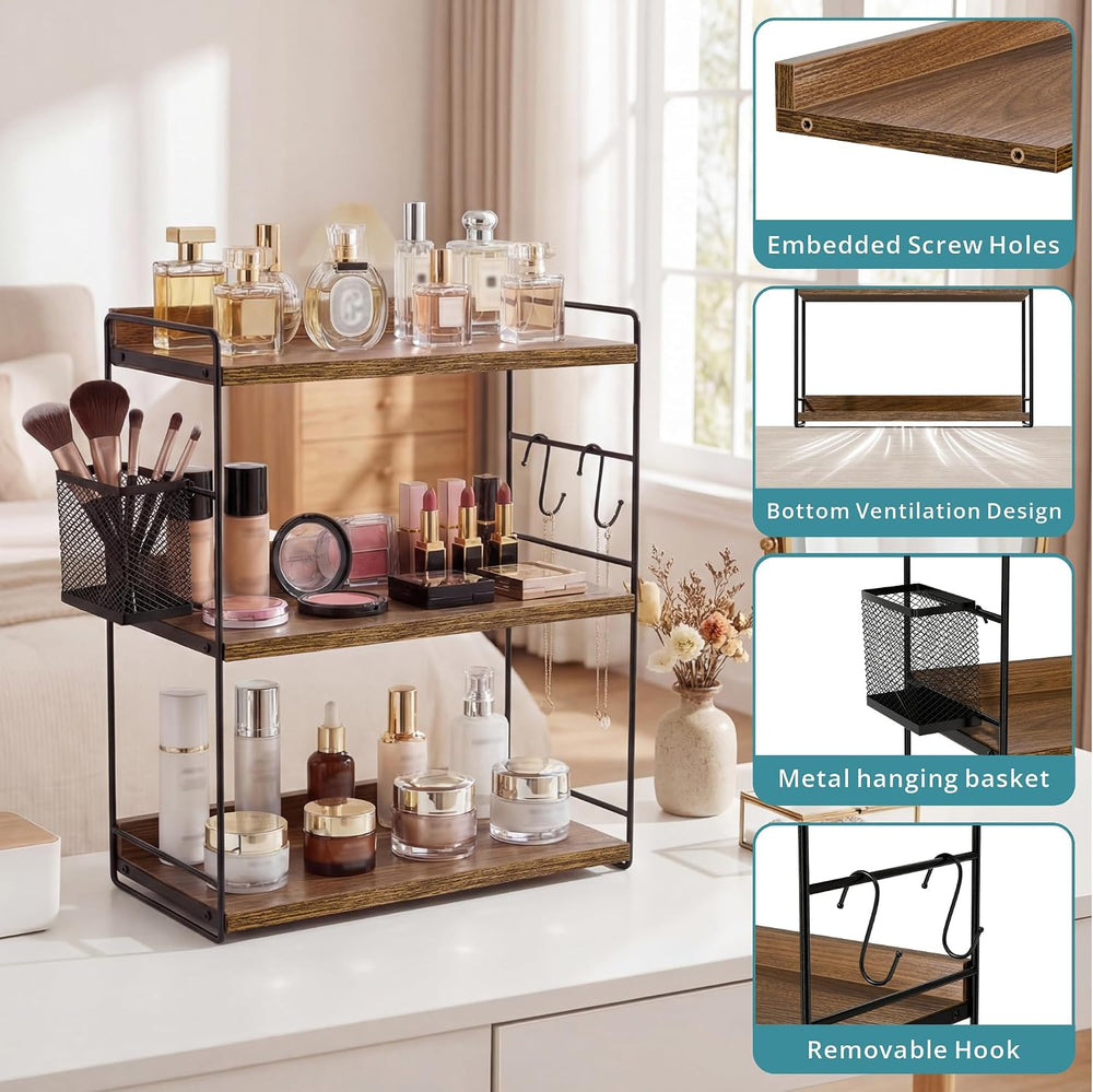 3-Tier Bathroom Counter Organizer and Storage with Basket, Brown
