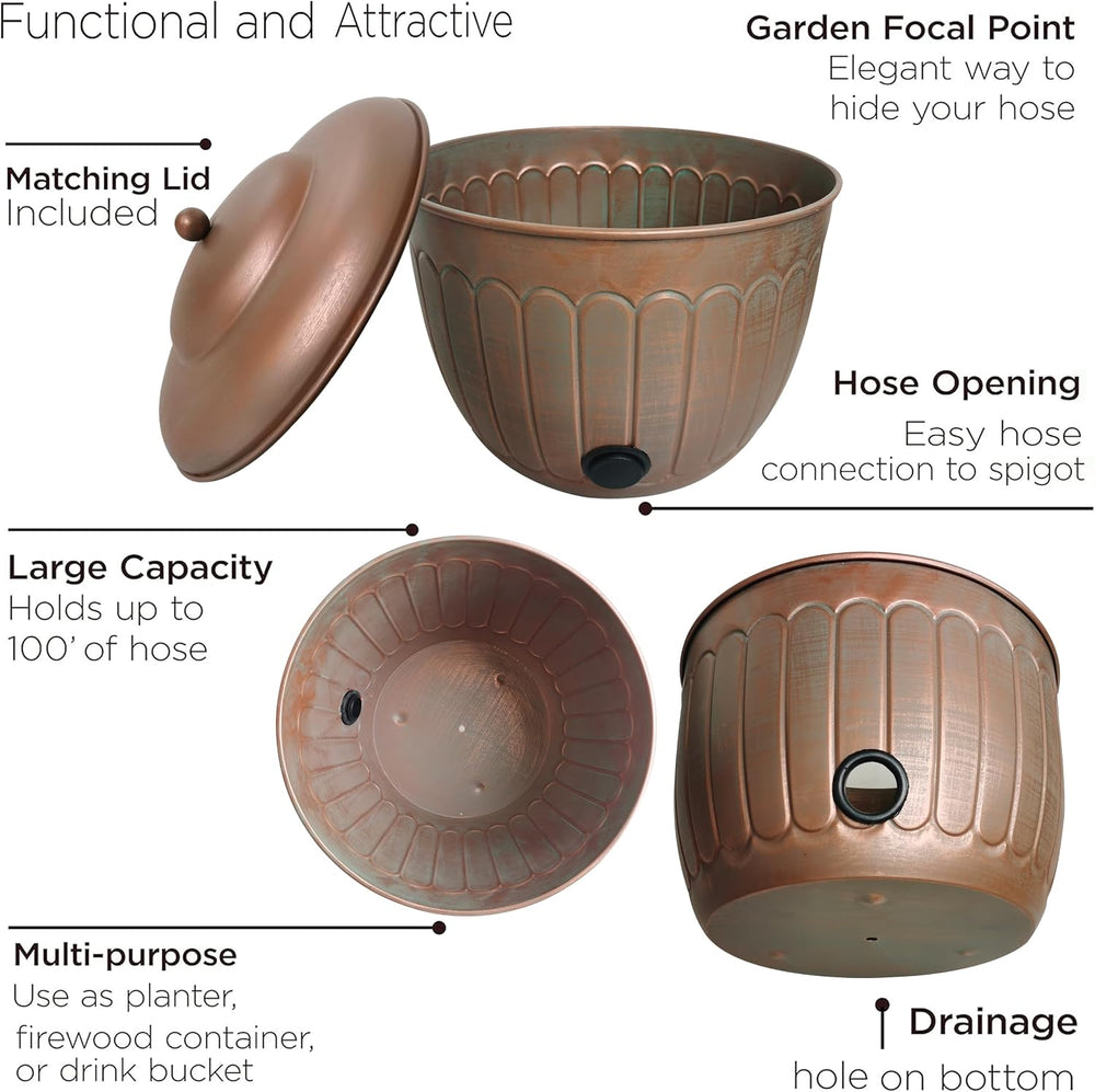 BSTGIFTS Garden Water Hose Holder - Decorative Metal Pot, Metal Hose Storage ...