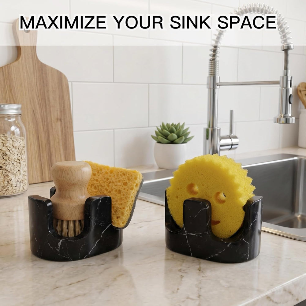 Black Marble Sponge Holder for Kitchen Sink, 2-in-1 Natural Stone Sponge &...