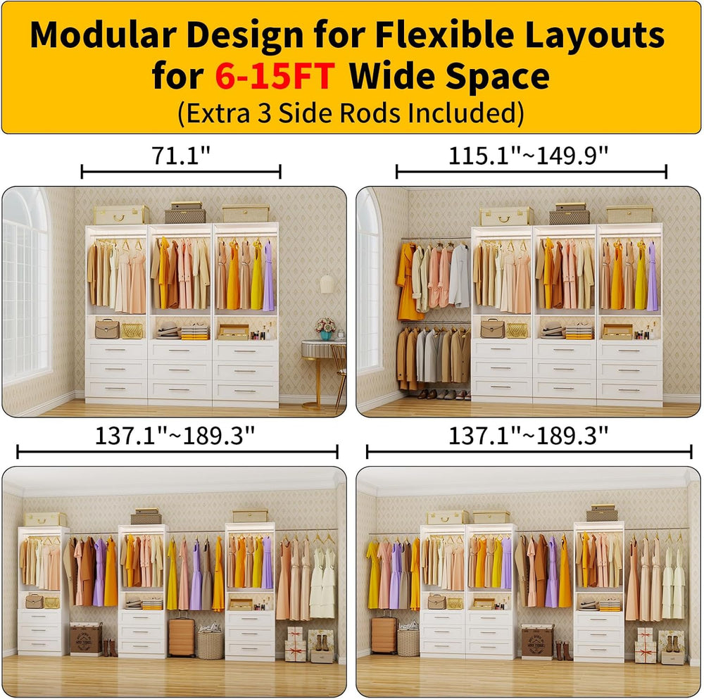 Closet System Set of 3, 6FT-15FT Closet System with 9 Drawers, Walk in Closet...