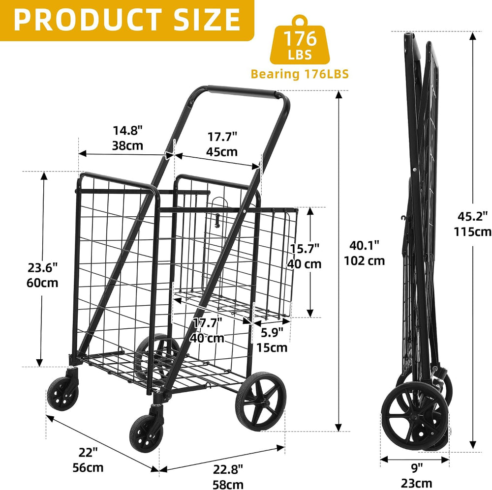 DWVO Jumbo Folding Shopping Cart with Wheels, Rolling Foldable Grocery Cart