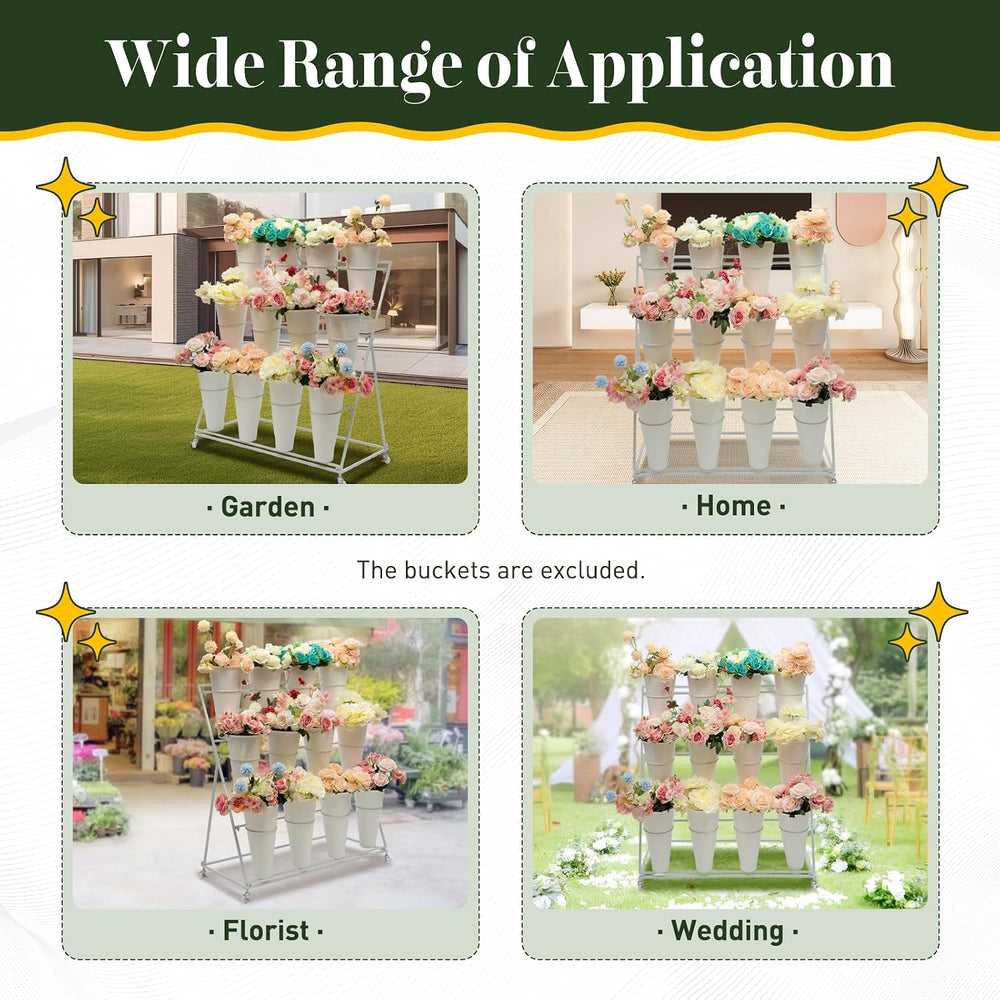 Plant Flower Bloom Bar Stand with 12 Buckets, Flower Cart Display Stand White...