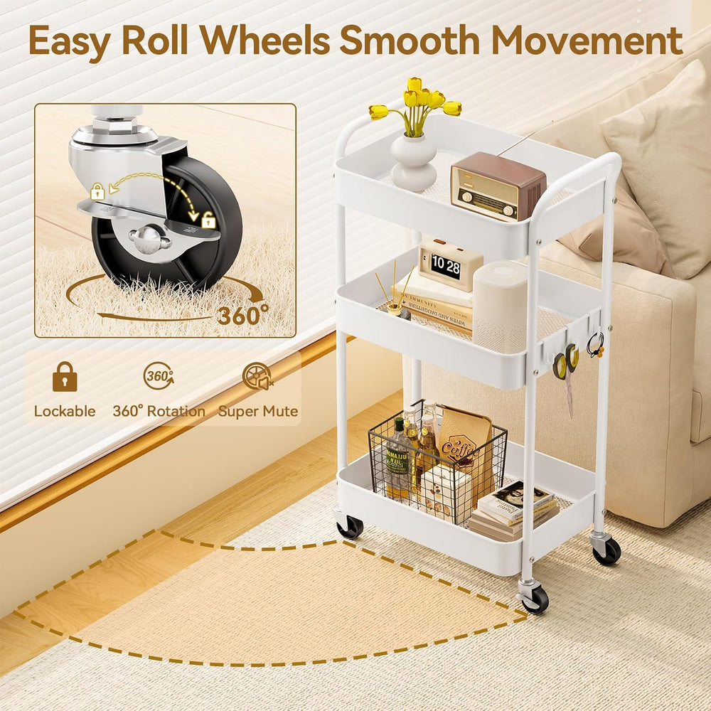 YASONIC 3-Tier Metal Rolling Cart Utility Carts with Wheels White