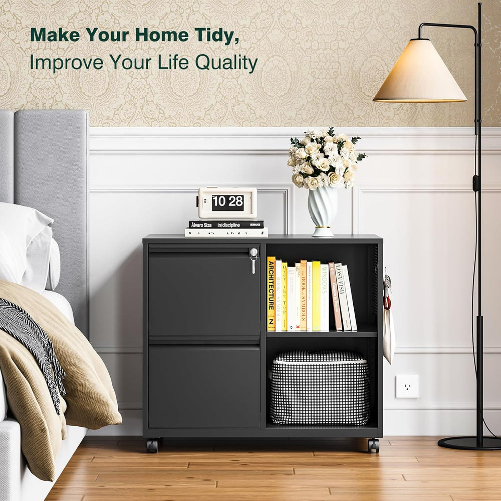 Mobile File Cabinet with Side Hook, 2 Drawer Lateral File Cabinet with Lock f...