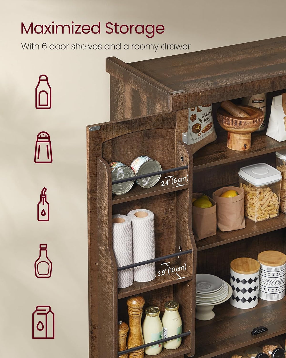 VASAGLE Pantry Cabinet, Freestanding Tall Cupboard with a Drawer