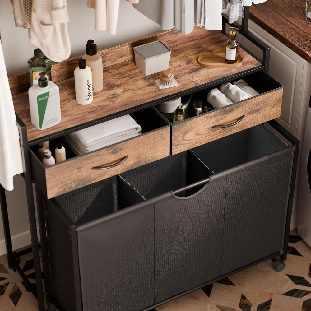 Mondeer 150L Laundry Sorter with Hanging Rack, 3 Compartments, 2 Drawers