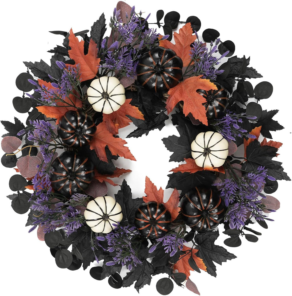 22" Halloween Wreaths for Front Door Black White Pumpkins Fall Wreath