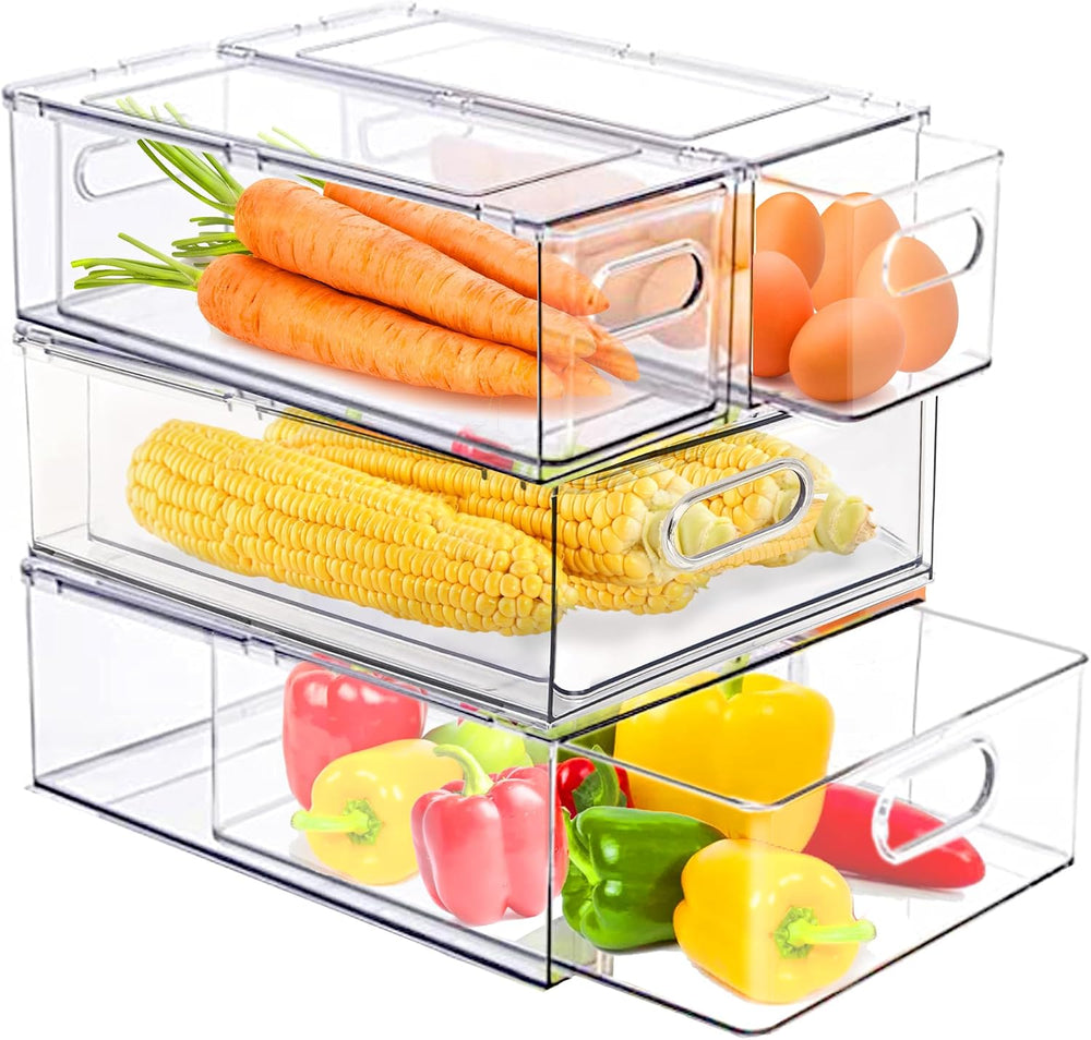 4 Pack Clear Storage Drawer Set, Stackable Fridge Drawer Organizer Fruit