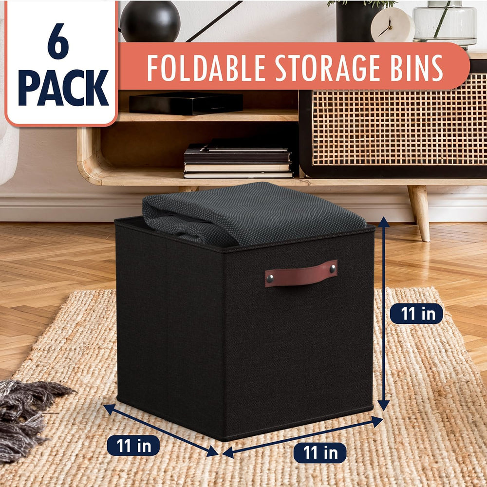 Ornavo Home 11x11 Foldable Fabric Storage Cube Bins, 6 Pack, Black
