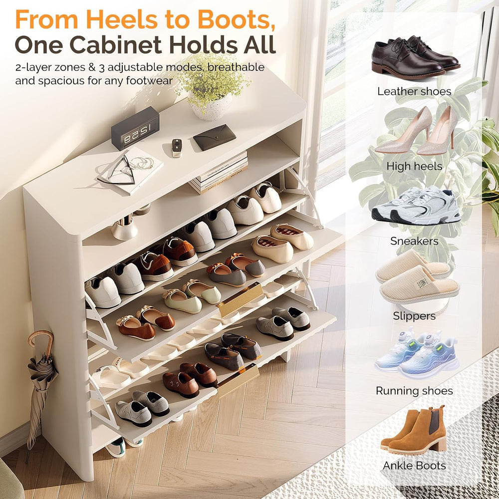 VINGLI White Slim Shoe Cabinet with Curved Edges, Modern Hidden Shoe Storage ...