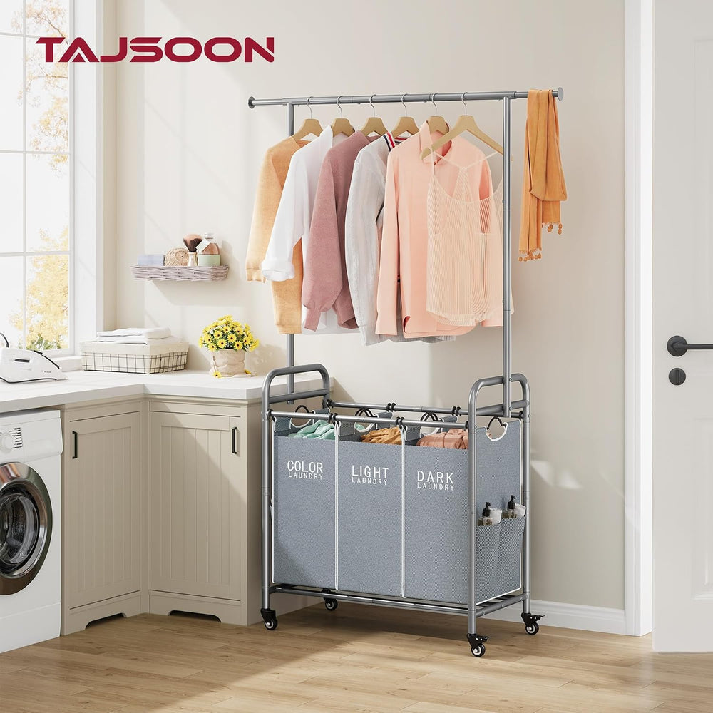 Tajsoon Laundry Sorter 3 Section, Laundry Cart with Hanging Rack, Gray
