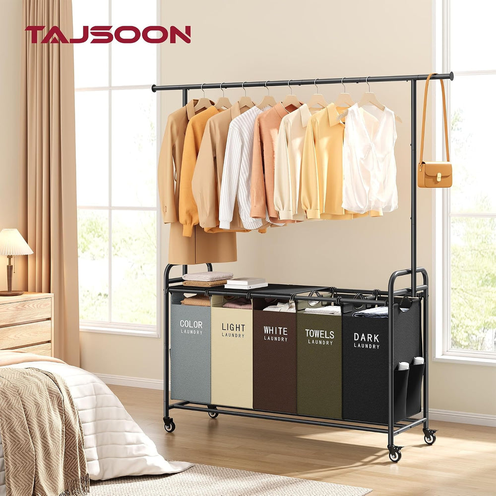 Tajsoon Laundry Sorter with Hanging Rod and Lid, 5 Section, 246L, 5 Colors