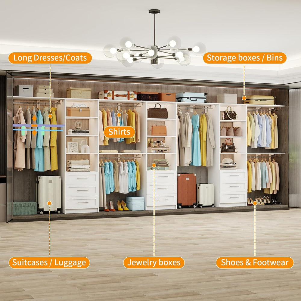 Closet System with 9 Drawers,12 Shelves,9 Rods,11FT-17FT,3 Sets,White