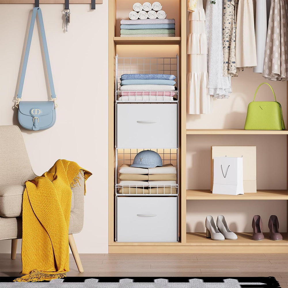 4-Tier Stackable Closet Organizers with 2 Drawers, Foldable Closet Shelf Orga...