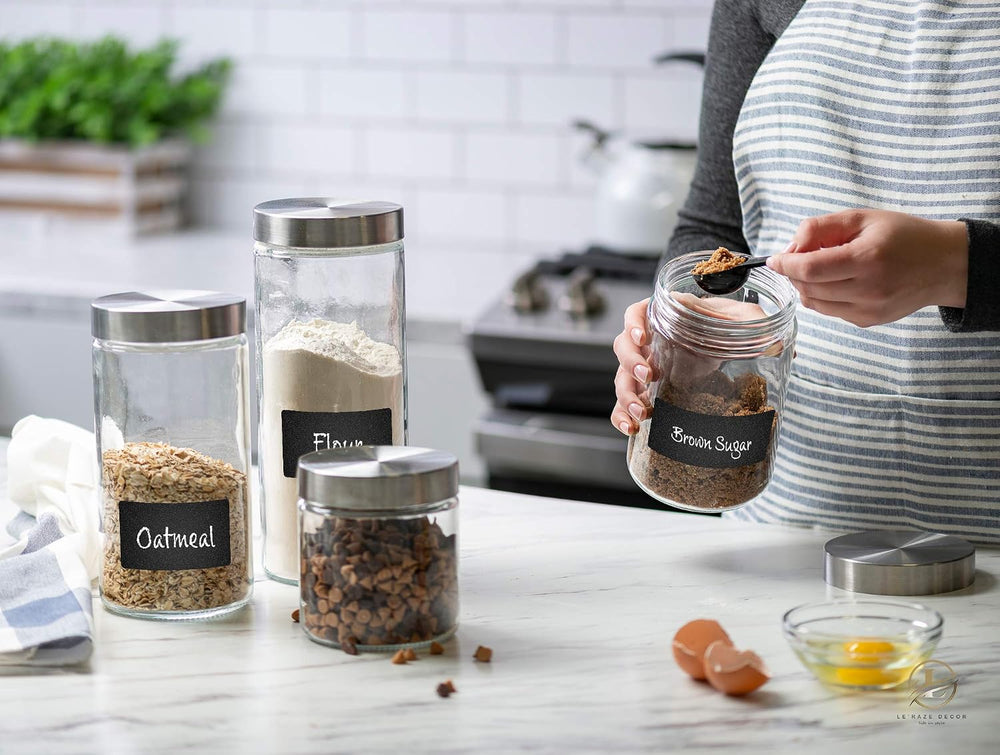 4pc Canister Sets for Kitchen Counter or Bathroom + Labels & Marker, Glas...