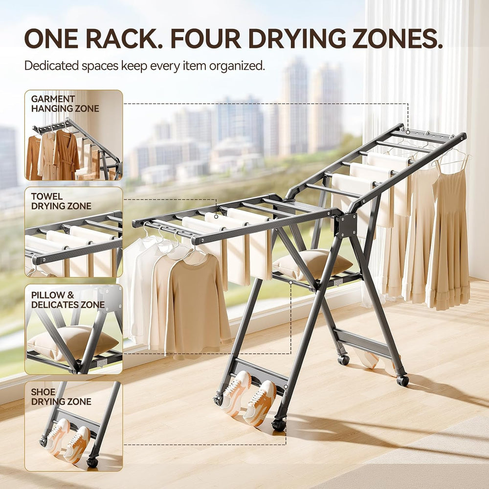 SUJI Collapsible Clothes Drying Rack, Dual Wing with Wheels, Grey