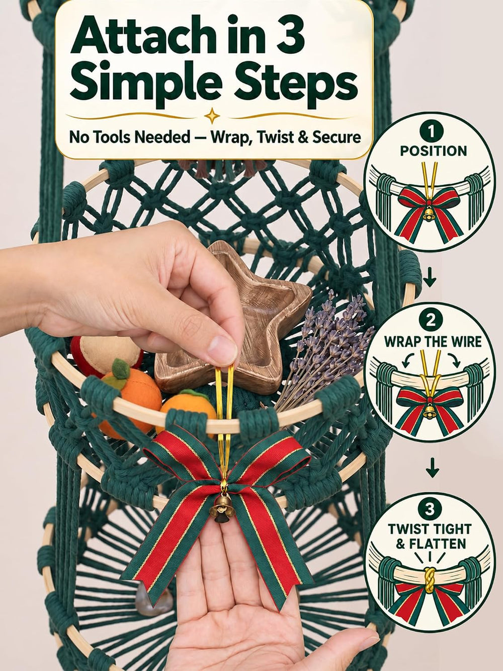 Christmas Hanging Fruit Basket, 3 Tier Macrame Storage Dark Green