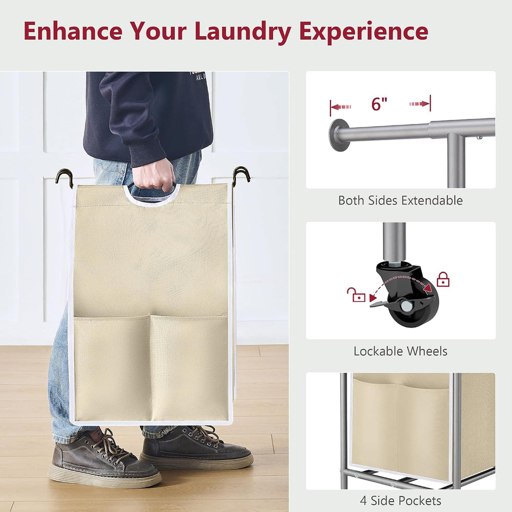Tajsoon 2 Section Laundry Sorter Hamper with Hanging Rack, Beige & Gray