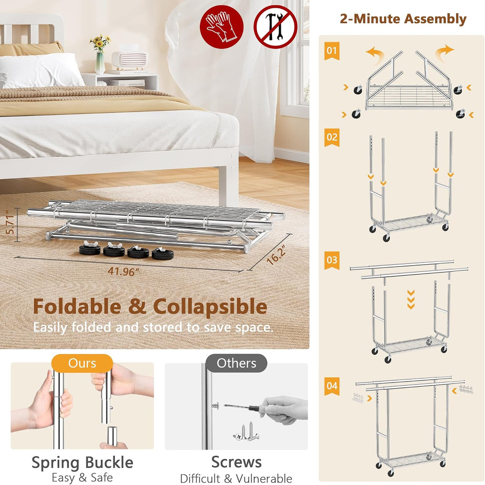Hoctieon 2-Minute Assembly Double Rod Clothes Rack, Heavy Duty Rolling Clothi...