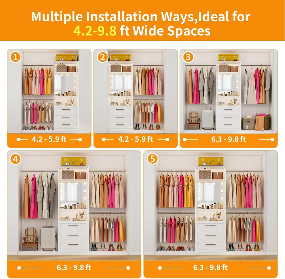 Closet Organizer System with 3 Drawers & HD LED Mirror, Modular Walk in C...