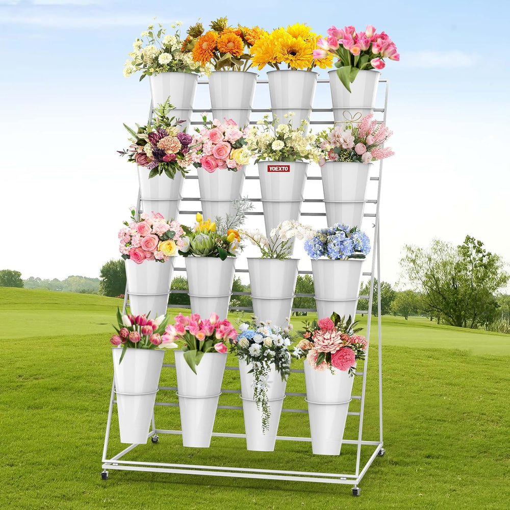4 Layers Flower Display Stand with Buckets, 16 PCS Buckets Plant Stand with W...