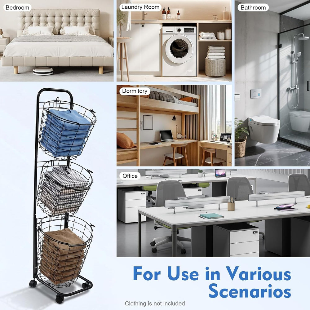 Laundry Basket on Wheels,3 Tier Large Laundry Hampers,10.4 * 13 * 48.4inch Cl...