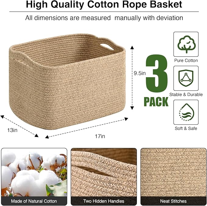 Large Storage Baskets for Organizing Shelves, Woven Cotton Rope Bins for Baby...