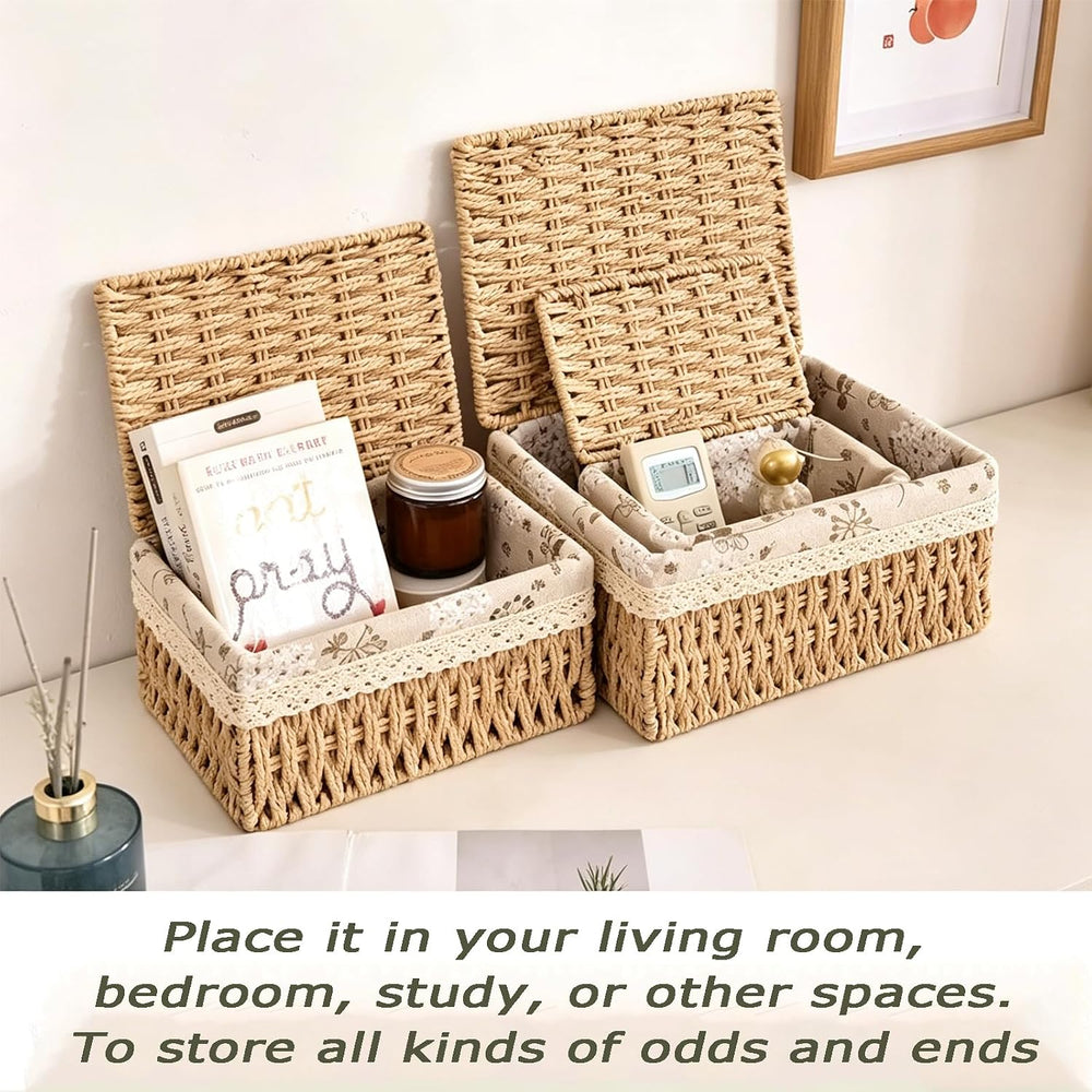 Wicker Storage Baskets with Lids, Set of 3 Nesting Natural Rattan Organizer B...
