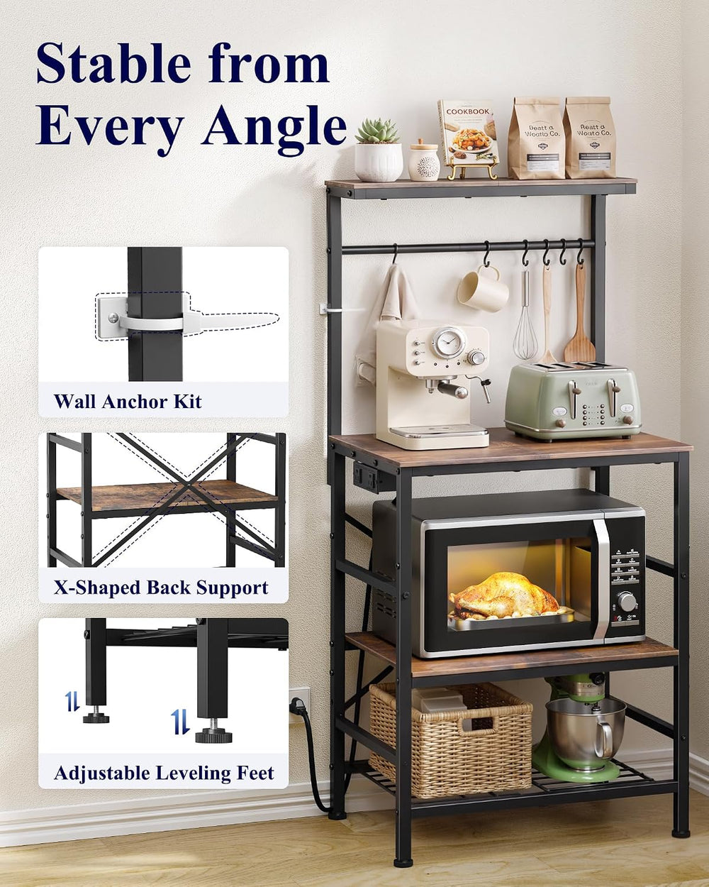 Kitsure Coffee Bar, 4-Tier Baker's Rack with Power Outlet, 21.7" x 4...