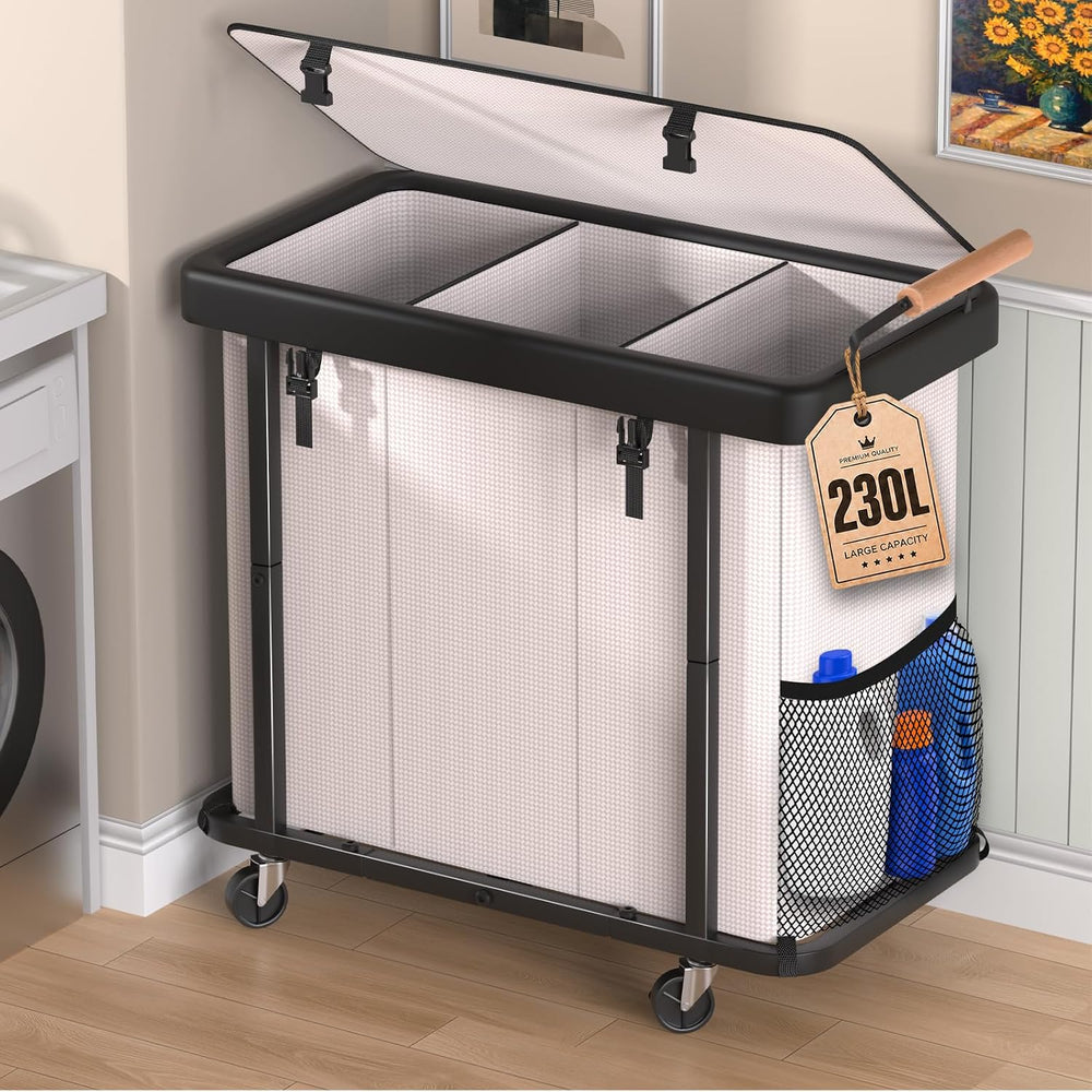 Laundry Hamper 3 Section,Rolling Laundry Basket with Wheels and Lid,White