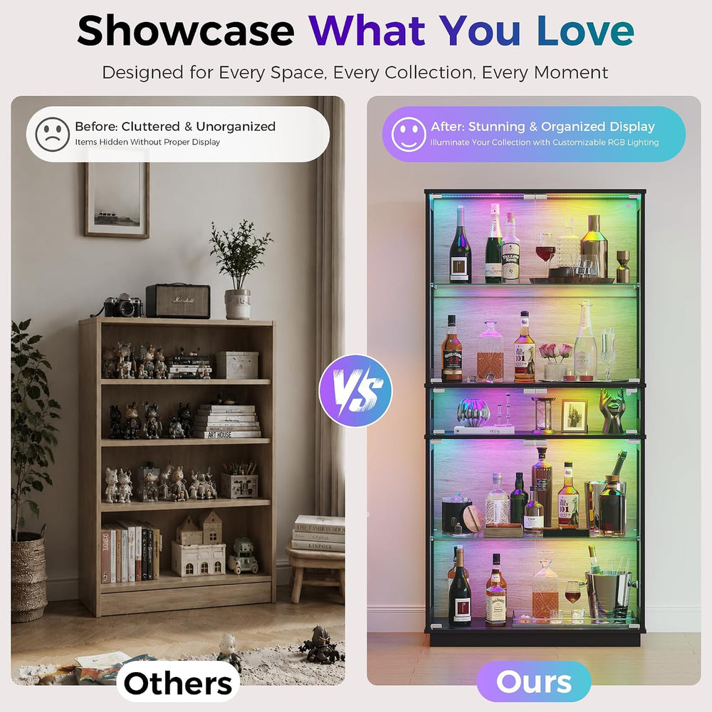 RGB Display Cabinet with 5-Tier Glass Shelves - 65" Tall