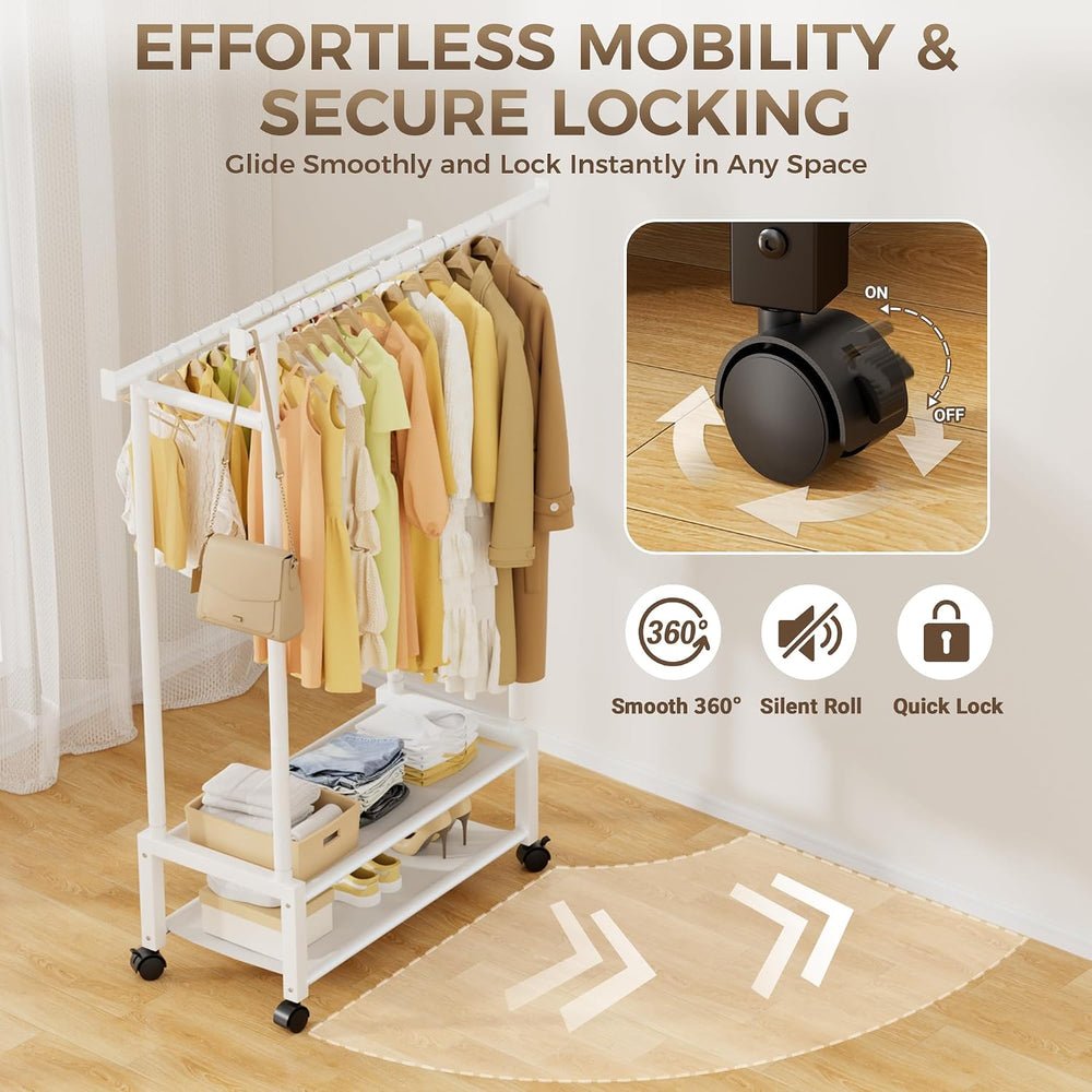 Double Rod Clothing Rack with 2 Shelves, Rolling, White