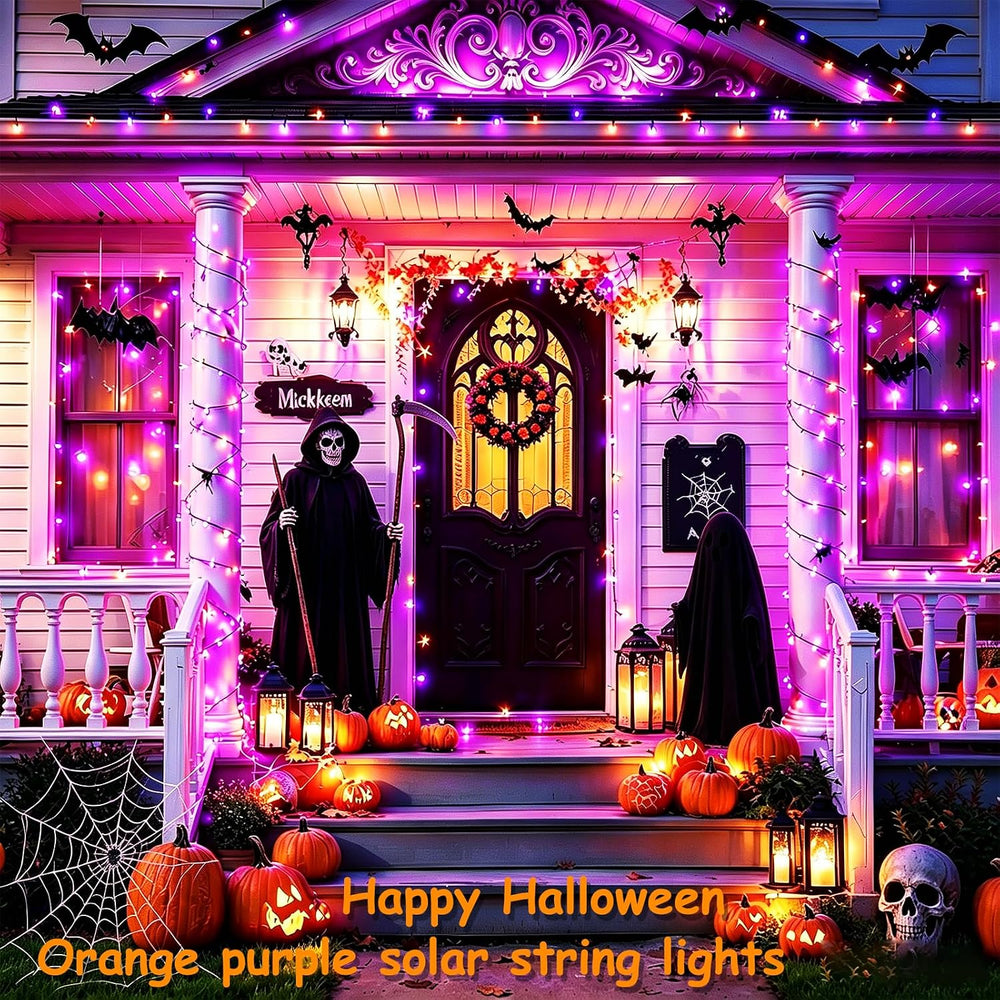 Jedavai 6Pack 240FT 600 LED Solar Halloween String Lights, Orange & Purpl...