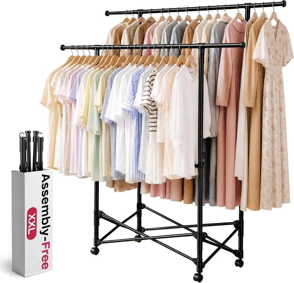 No-assembly Clothes Rack,Double Rod 59-Inch Rolling clothing rack
