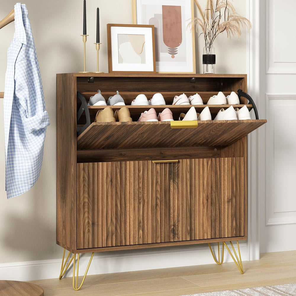 34.4" H Fluted Shoe Storage Cabinet with 2 Flip Drawers for Entryway, Wa...