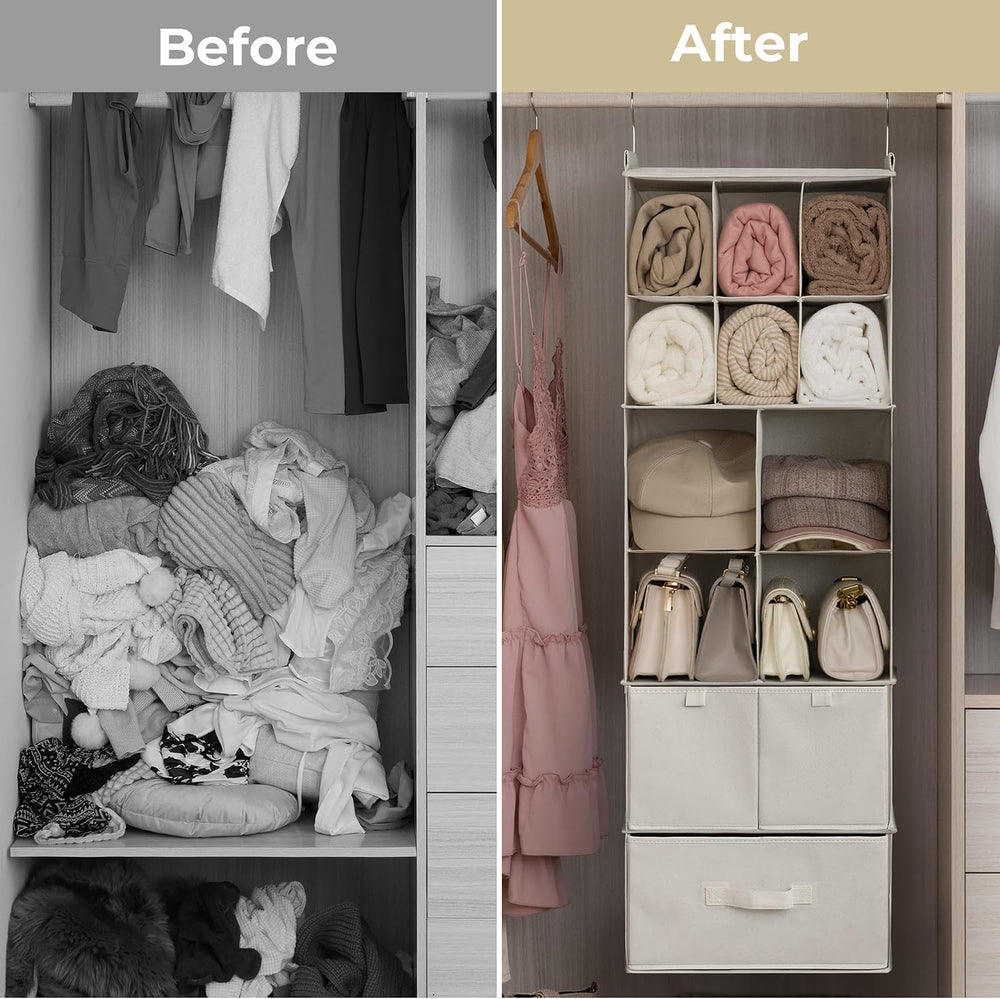 GRANNY SAYS Hanging Closet Organizer, 3 Drawers, 6 Shelves, Beige